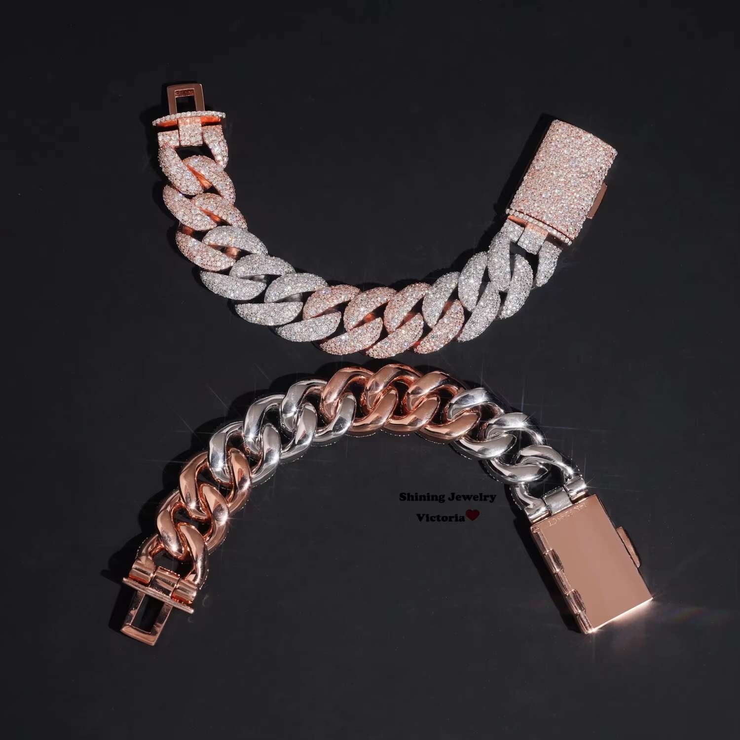 Rose Gold Mix White Gold Two Tone Mosaic Setting Moissanite Cuban Link Bracelet 18MM Fully Iced Out