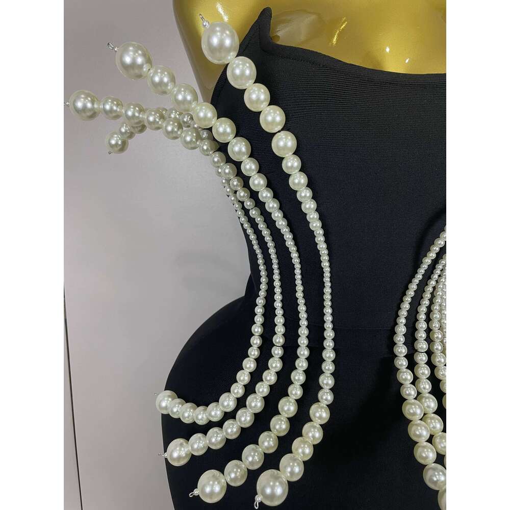 2025 New Sexy Strapless Pearl Beading Bodycon Long Bandage Dress Women Fashion Elegant Evening Party Birthday Dresses