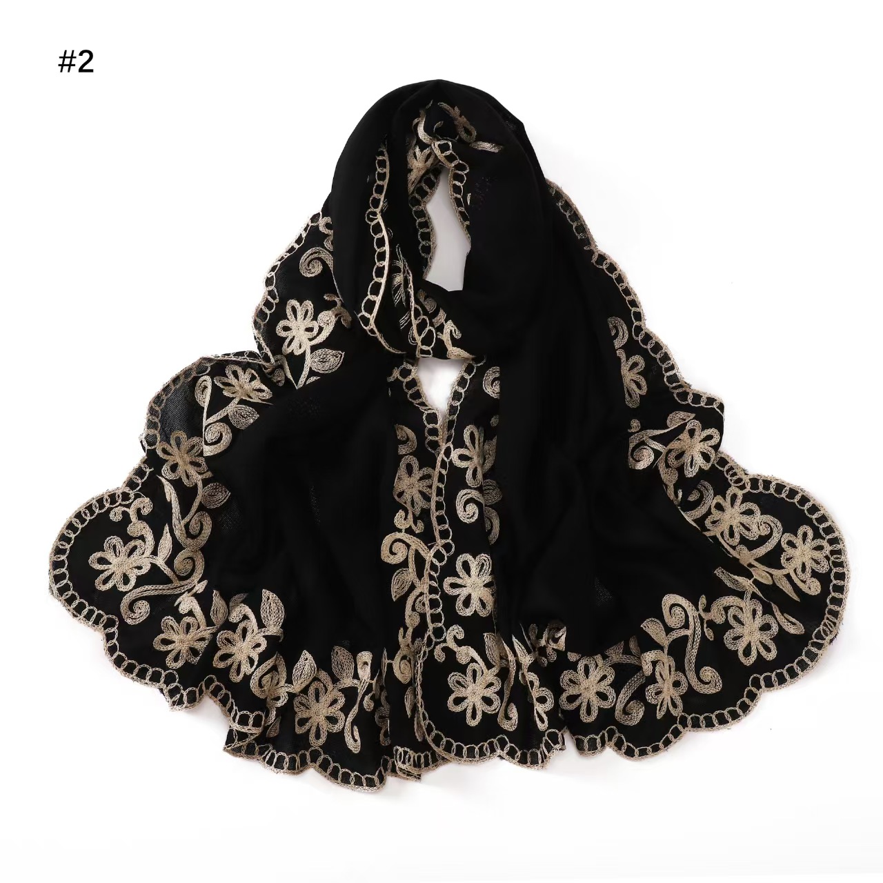 T1075 all-match classic black embroidered polyester long scarf headscarf ethnic style four-circle embroidered arc edge female shawl scarf