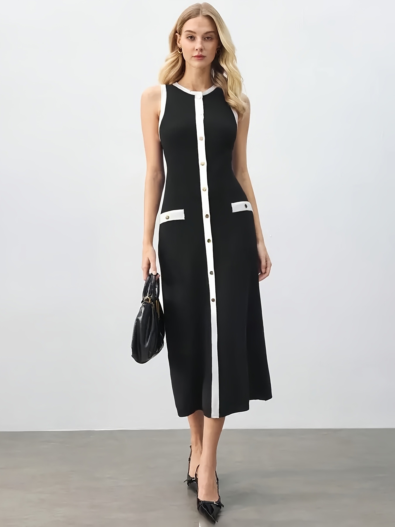 S626Women's knitted dress elegant sleeveless button dress long skirt