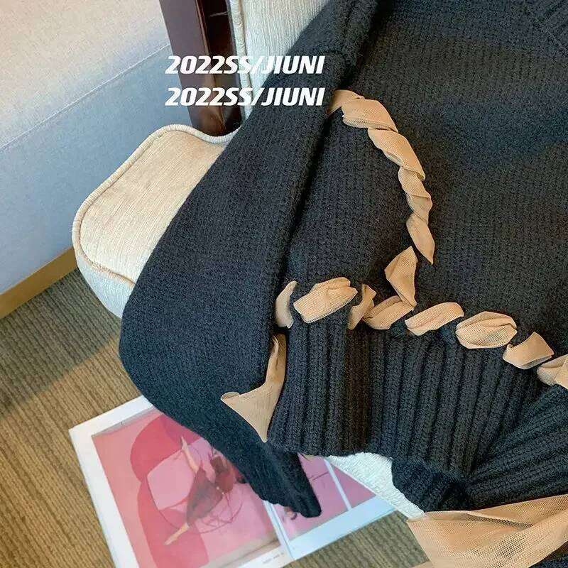 KUSAHIKI Chic Gauze Bow Bandage Knitted Sweater Casual Long Sleeve O-neck Pullovers 2023 Spring New Short Tops Female