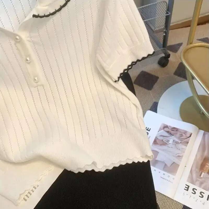 Contrast Turn Down Collar Ropa De Mujer Summer Knit Woman Clothing Moda Elegant All-match Clothes Short Sleeve T Shirt Camisetas
