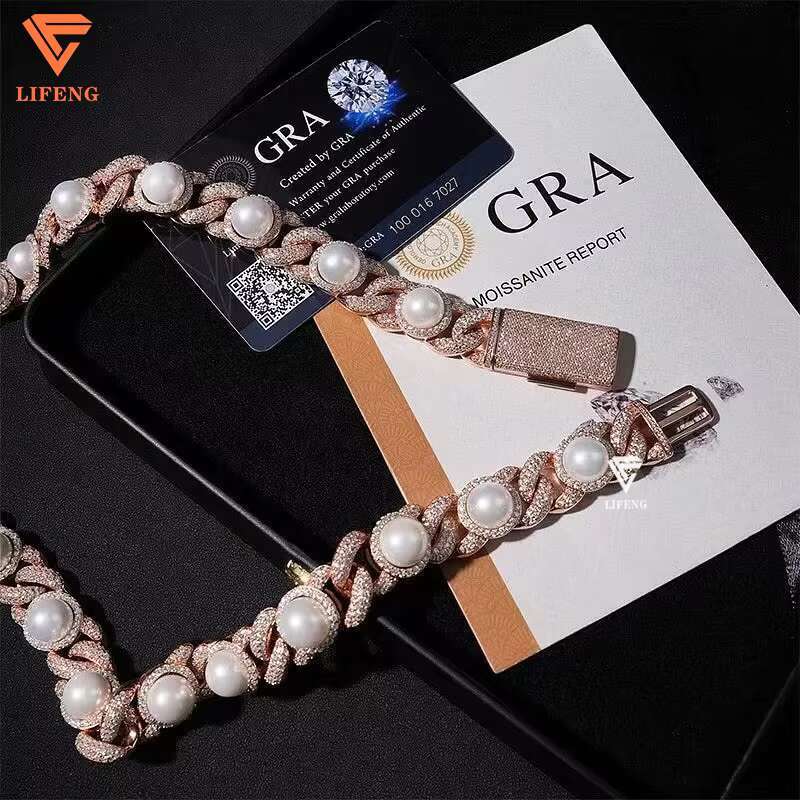 Lifeng 18K Rose Gold Plated 925 Silver Necklace Iced Diamond Moissanite New Design 15mm Pearl Bubble Cuban Link Chains for Gift