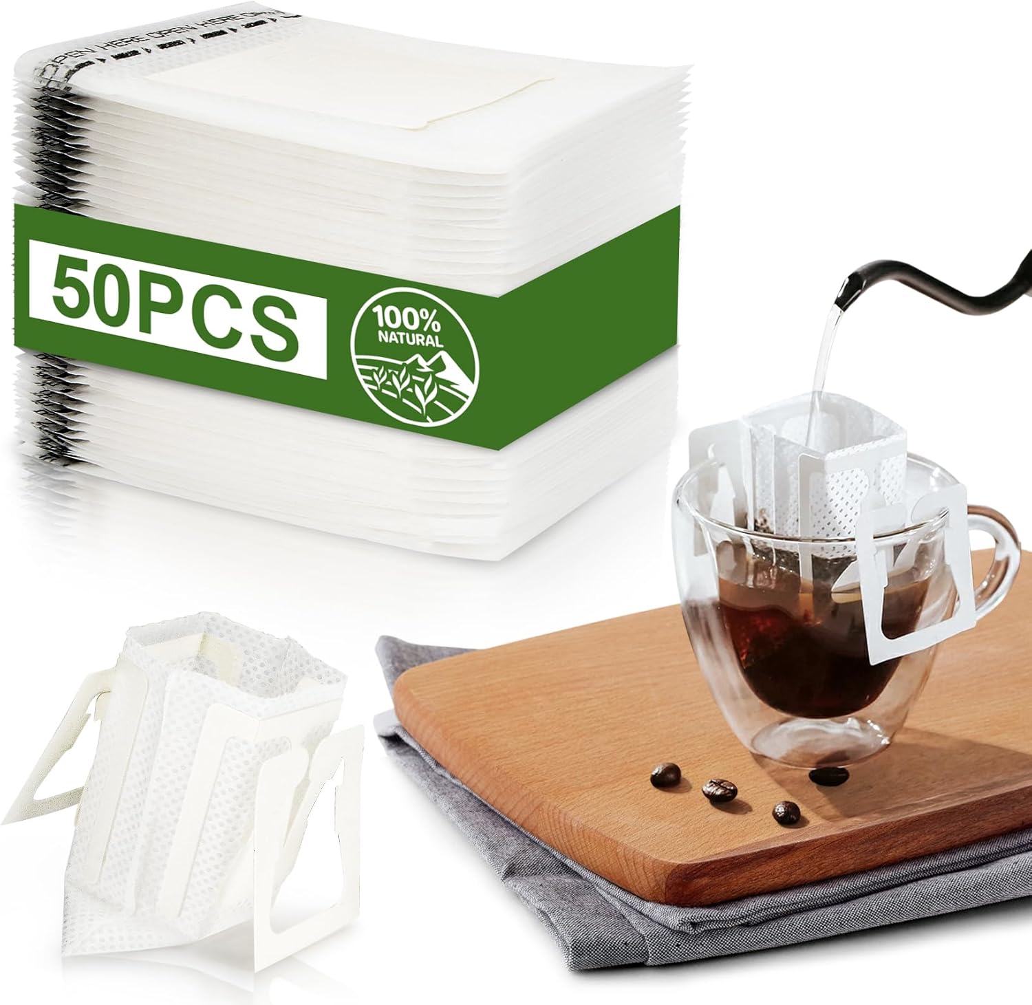 50 portable coffee filter paper hanging ear drops disposable filters are very suitable for travel, camping, home, and office use