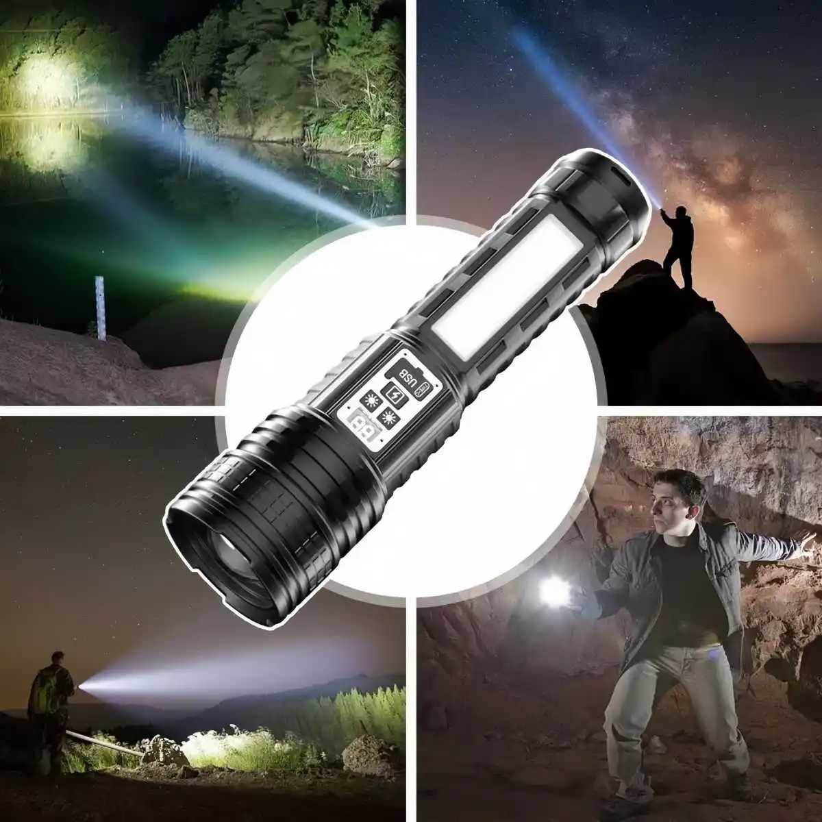 Bright Flashlight-Long Range Torch Outdoor Portable LED Flashlight with Side Light LCD Display for Camping Hiking Adventures W250701