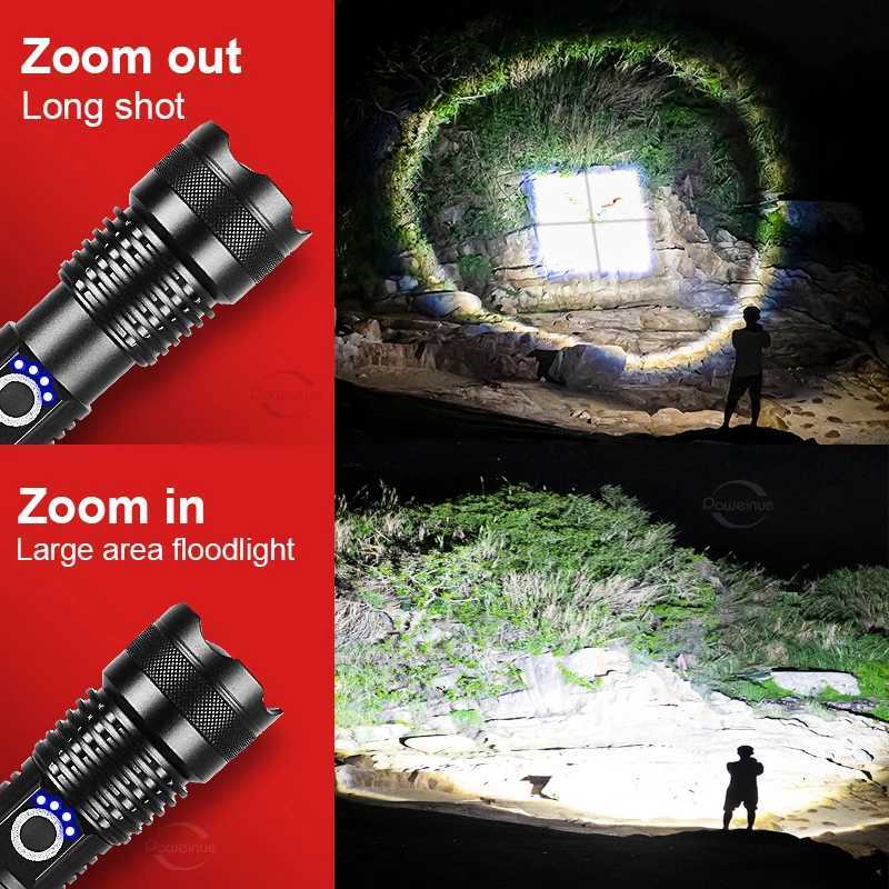 High Power XHP 120 LED Flashlight 18650 26650 Battery USB Rechargeable Torch Zoomable Emergency Outdoor Flashlight W250701