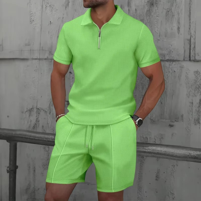 Mens Zip Polo Sets Solid Color 3D Print Casual Zipper Shirt Shorts 2pcs Business Sports Outfit Men Tracksuit Suit 250624