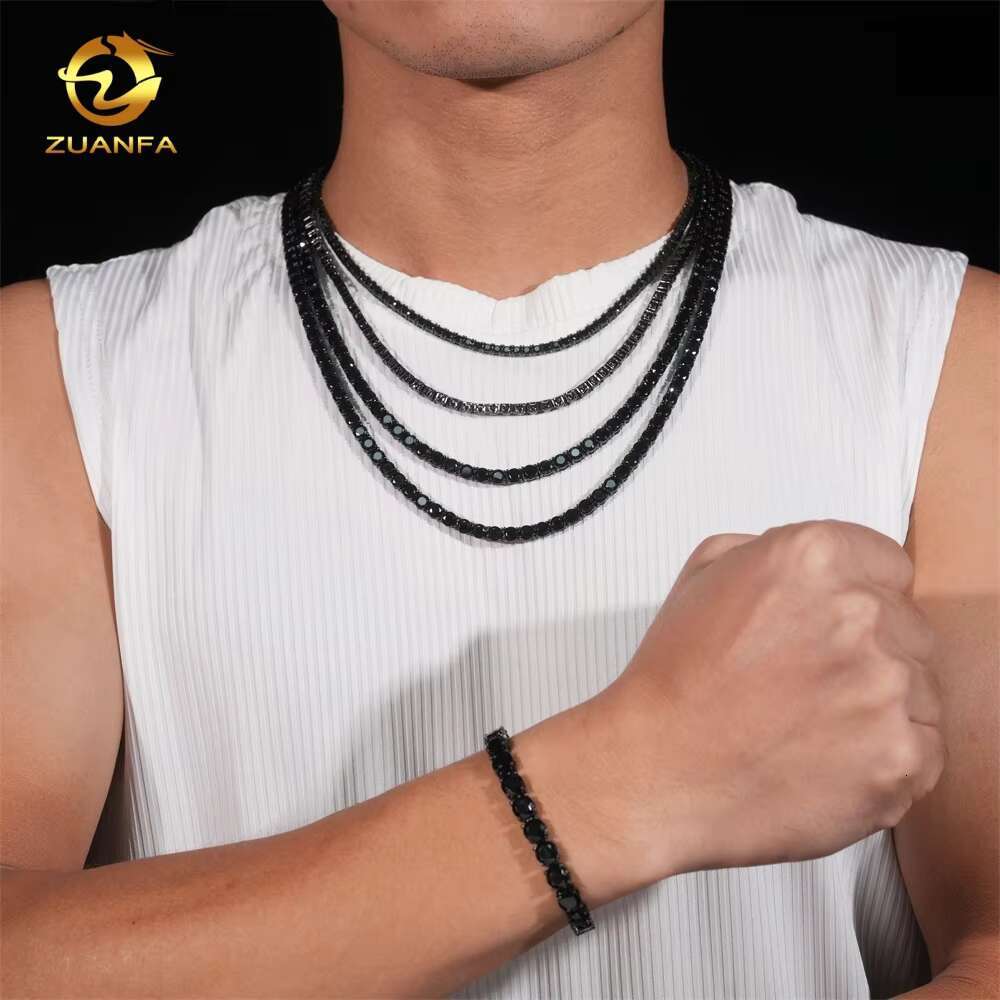 Wholesale Price Solid 925 Silver Hip Hop Jewelry Bracelet Necklace Iced Out 2 to 6.5mm Black VVS Moissanite Diamond Tennis Chain