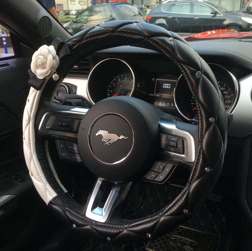 Crystal Rhinestones Camellia Flower Car Interior Accessories Women Leather Steering Wheel Cover Hand brake Gear Cover Seat Belt