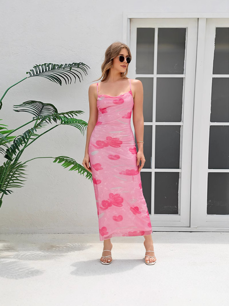Y626New sexy sweet and spicy style one-shoulder mesh print long suspender dress
