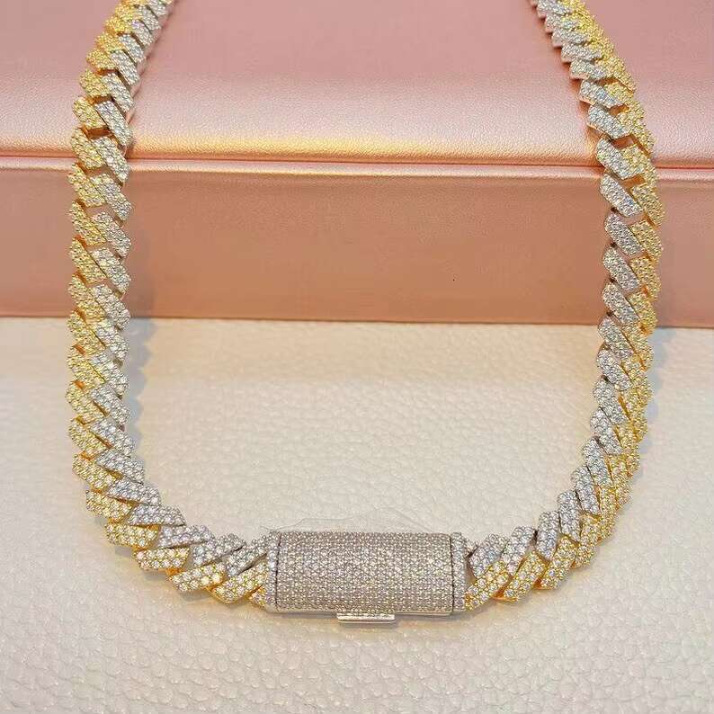 Two Tone Miami Cuban Link Necklace for Men/Women Thick iced Sterling Silver/Gold Plated Ready to Ship with Moissanite Stone