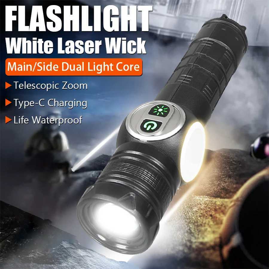 High Power White Laser LED Flashlight Built-in Battery USB Rechargeable Strong Light Tactical Torch Outdoor Camping Hiking Lamp W250701