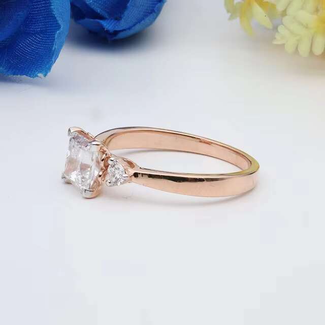 14k Rose Gold Princess Cut lab Grown Diamond Engagement Ring Three Stone Ring Side Stone Round Ring Gift for Women
