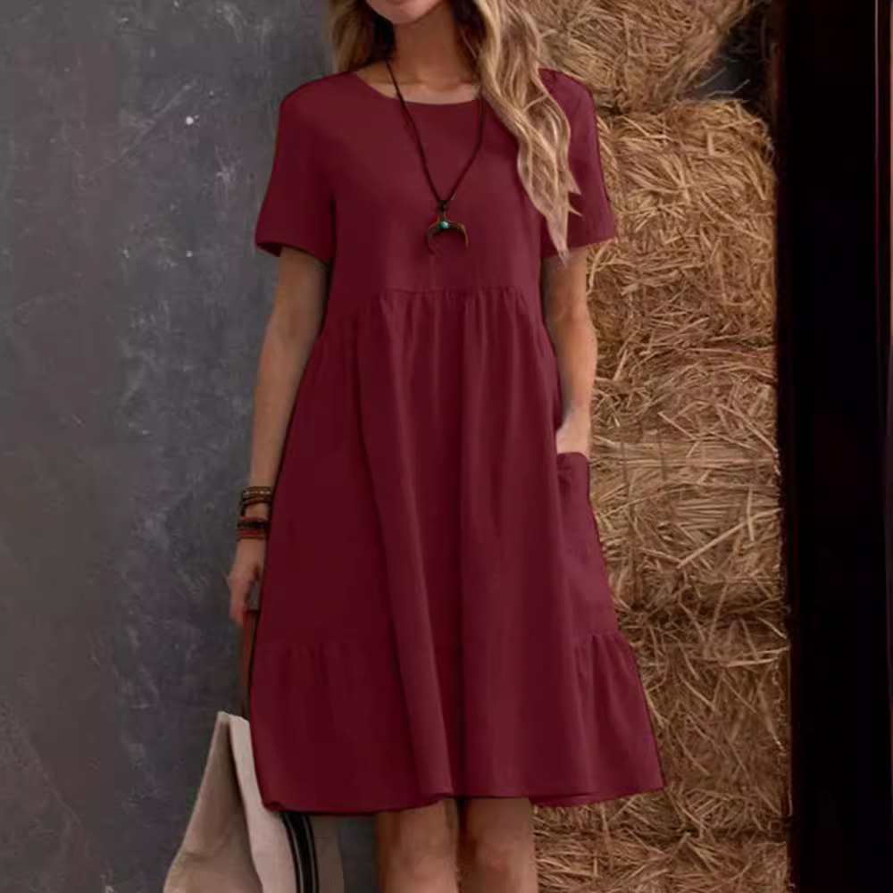 X626Retro Loose Pocket Solid Color Round Neck Women's Cotton and Linen Dress