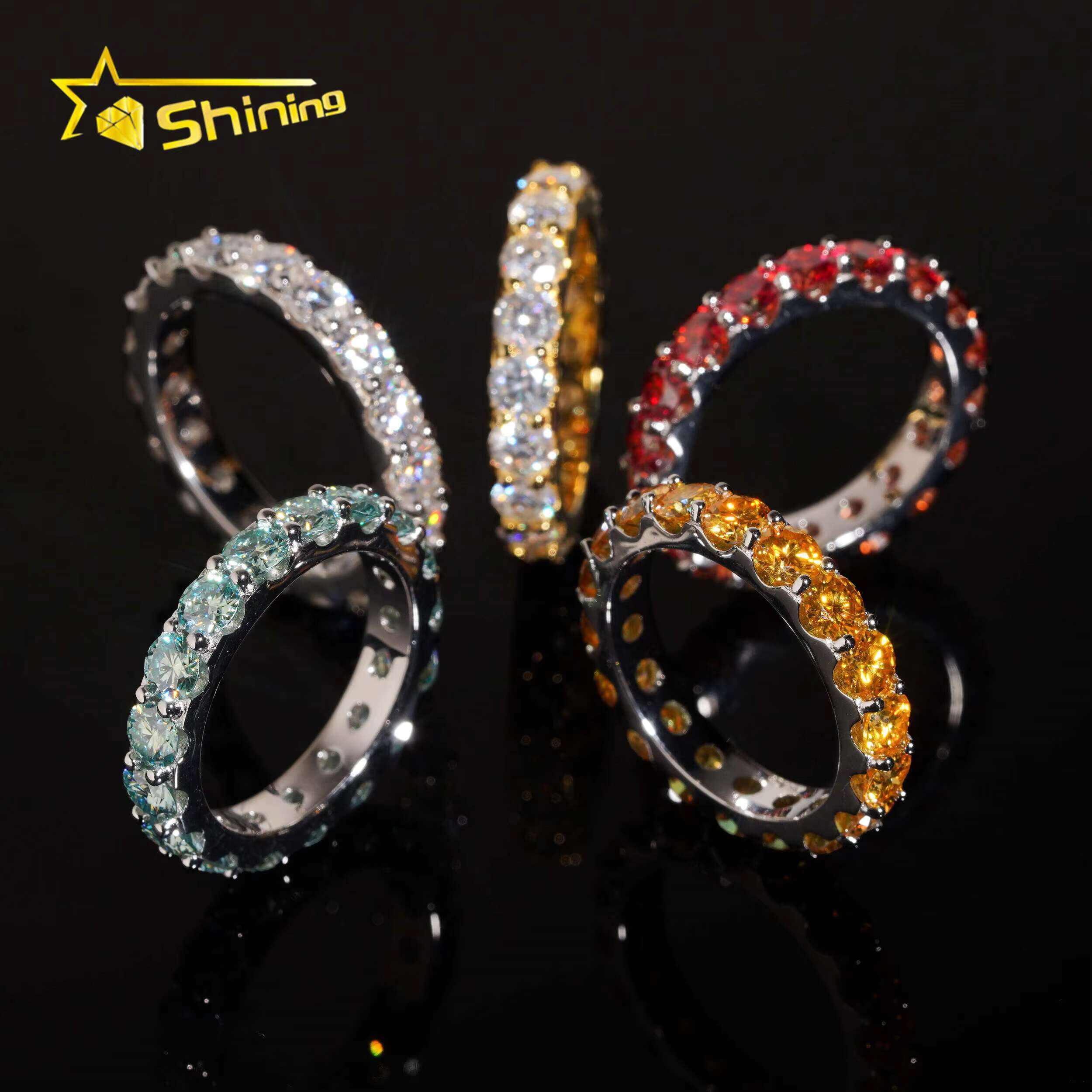Pass Diamond Tester Wedding Jewelry Engagement Band Ring Hip Hop Rings Solid 925 Sterling Silver Colorful VVS1 Moissanite Ring