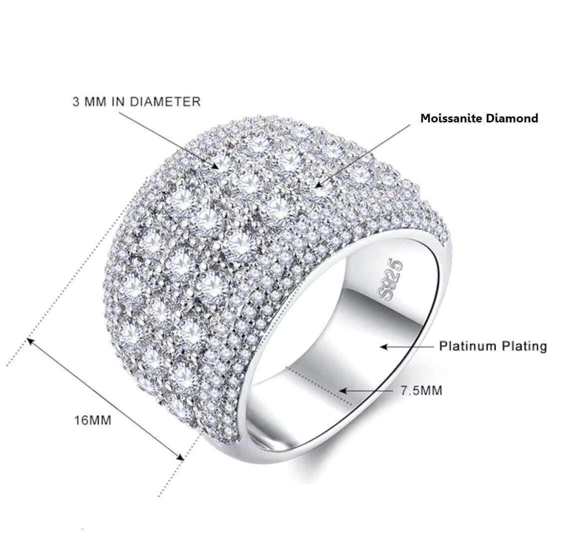 Hot Selling Iced Out Hip Hop 925 Sterling Silver Moissanite Round Brilliant Cut Diamond Ring for Men with Enhanced VVS Clarity