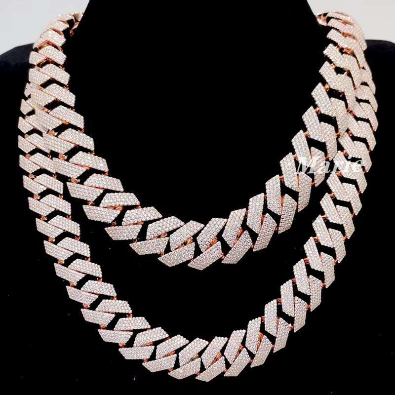 15-20mm 4-Row VVS Moissanite Necklace with 925 Sterling Silver 18K Rose Gold Plating Cuban Chain Style