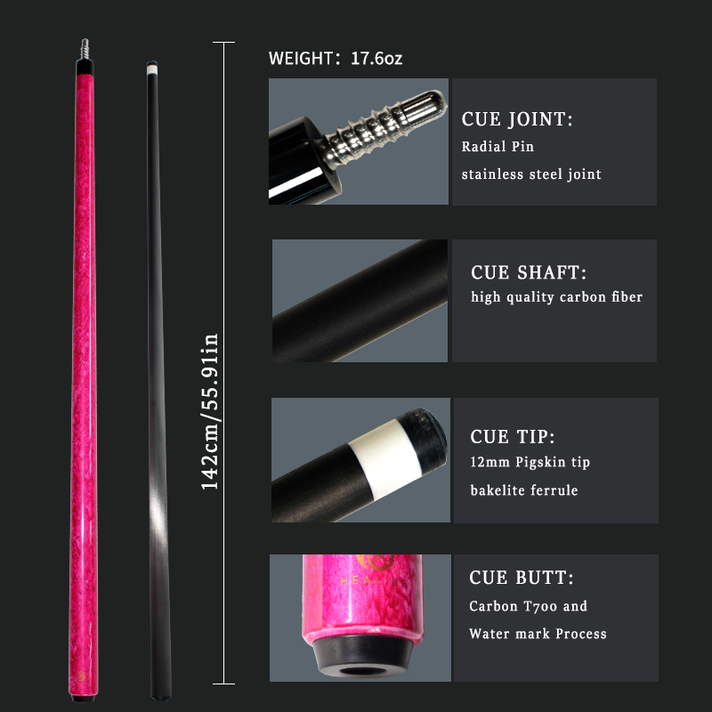 OKHEALING Quicksand Red 1/2 Split Billiard Cue Carbon Fiber Billiard Stick 12mm Pigskin Tip Radial Pin Joint Carbon fiber Cues Weight 17.6Oz Professio
