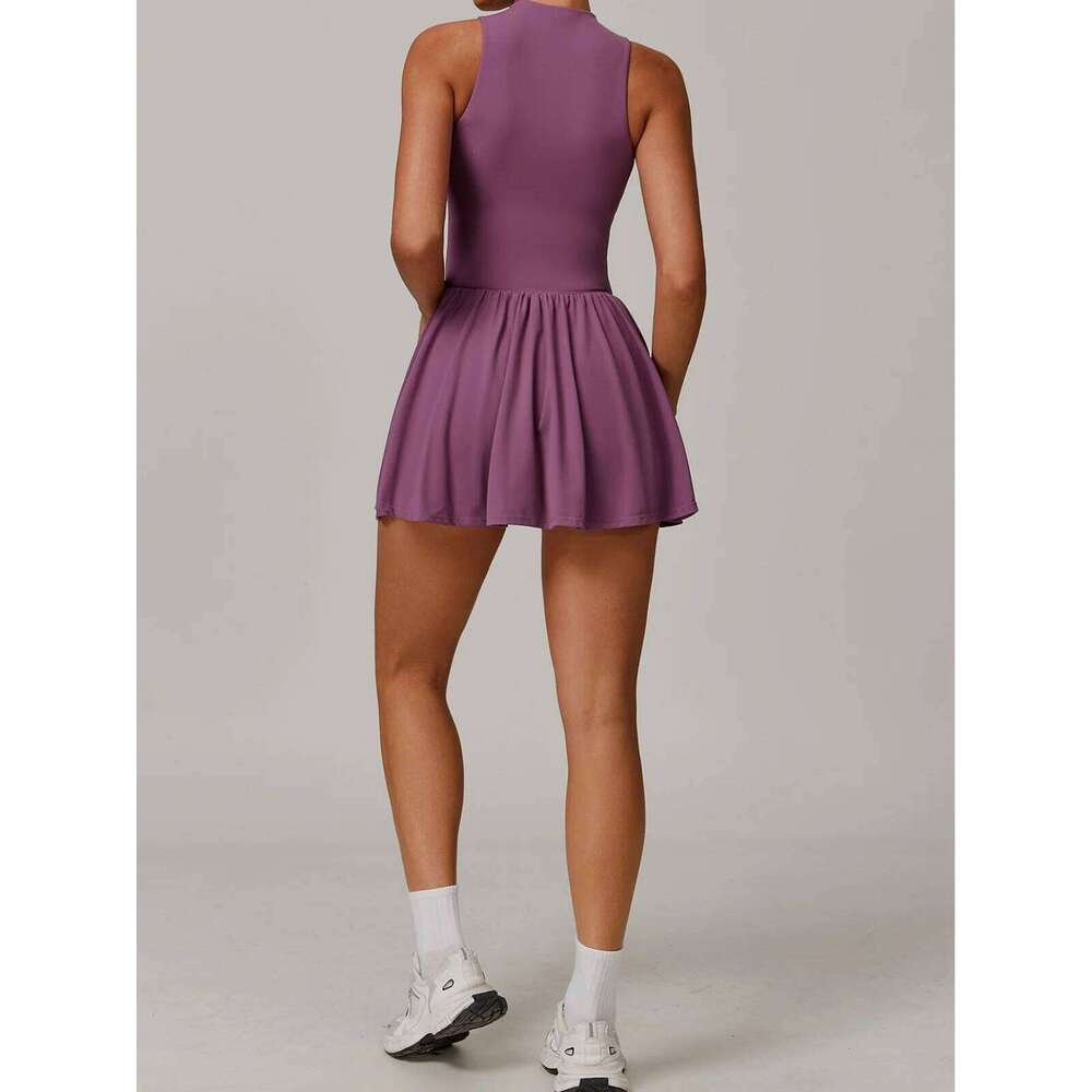 Women Front Zipper Tennis Dress Fake Two-piece Pieces Stand Up Collar Slim Fit Soft Sports Sets Fiess Pocket Skorts Yoga Suits