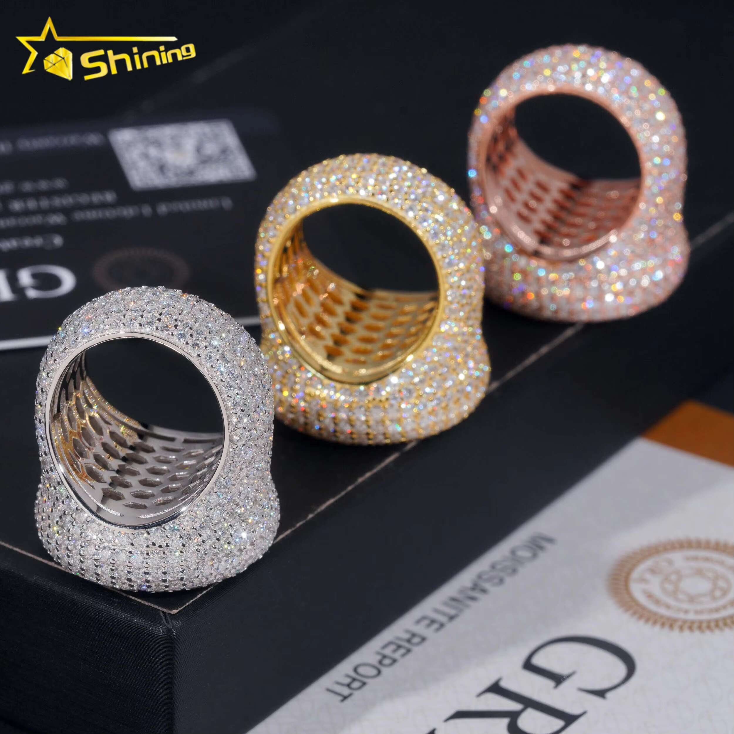 Stock Pass Diamond Tester Hip Hop Jewelry 925 Silver Fully Iced Bubble Edge Round Diamond Moissanite Men Ring Pinky Ring