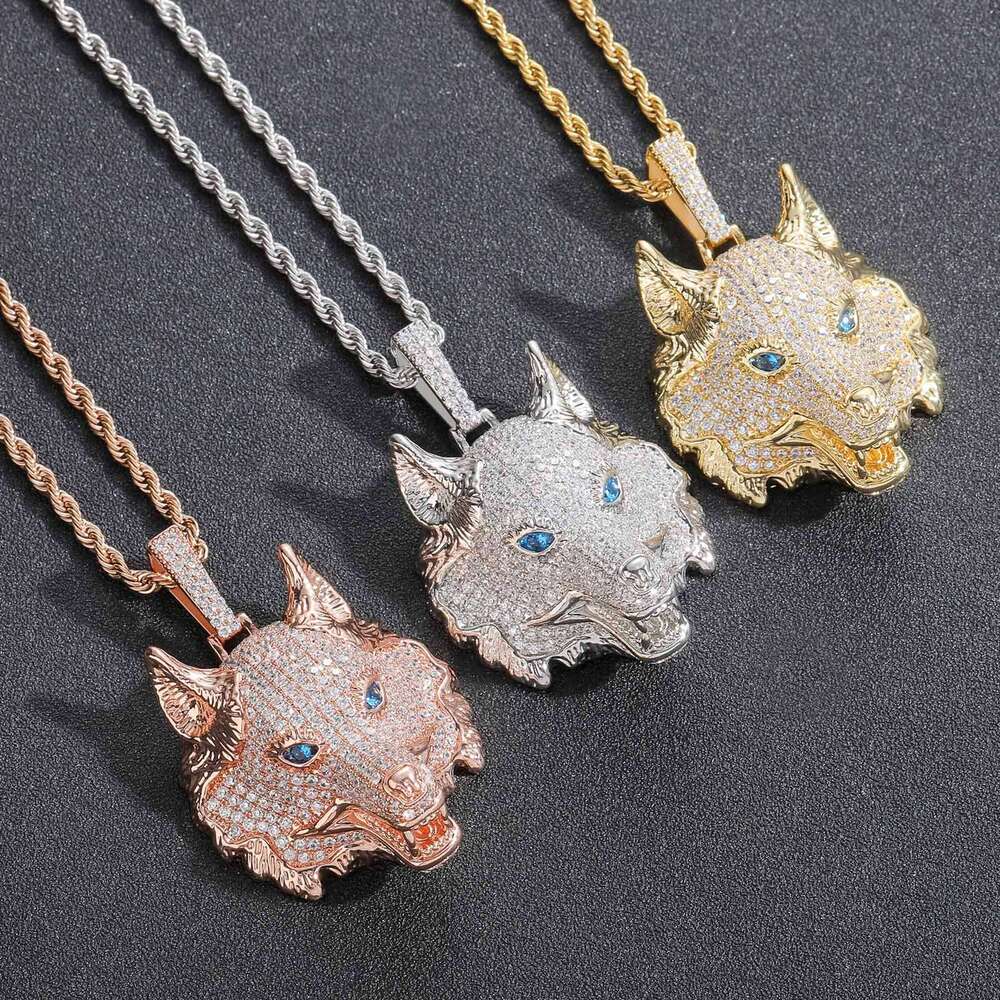 Hip Hop Wolf Head Necklace Pendant Micro Paved Zircon Men Punk Clavicle Chain Trendy Versatile Niche Accessories c6fe