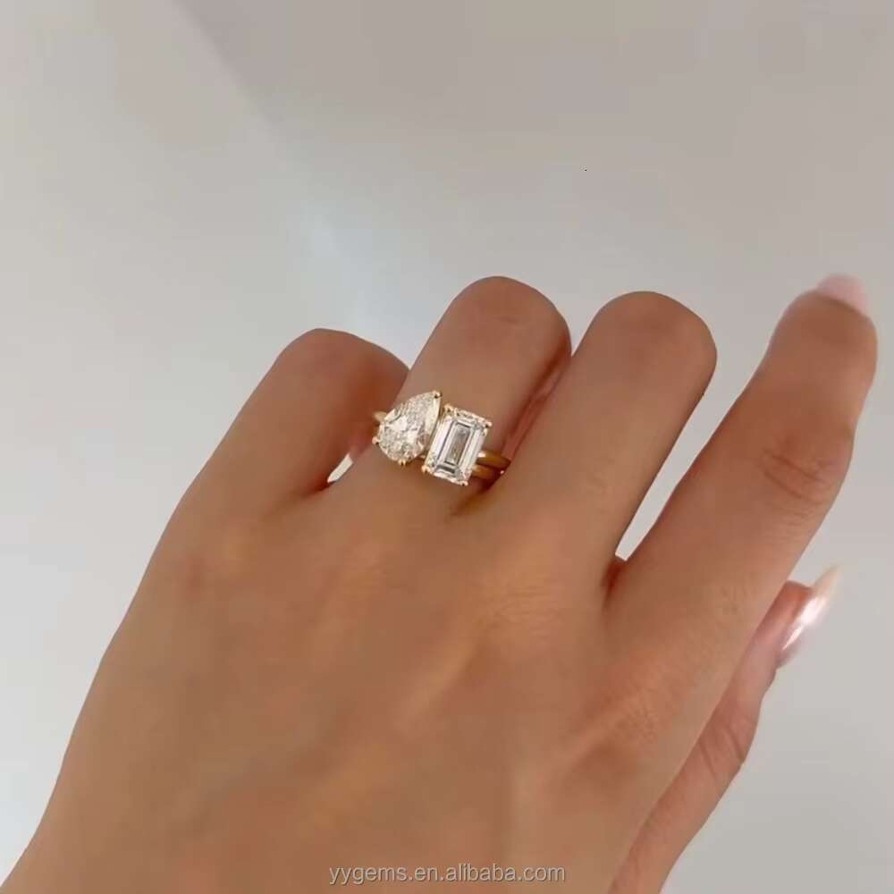 Custom MOI ET TOI Style 2CT Pear Octagon Moissanite 18K Gold Yellow Wedding Engagement Ring Fine Jewelry Women Fine Rings