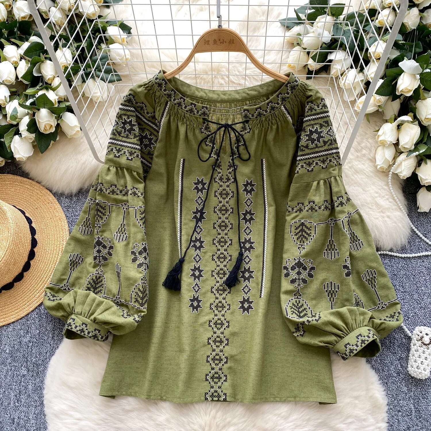 Embroidery Blusas Mujer Boho Beach Woman Shirts Blouses O-neck Lace-up Camisas Spring Loose Women Clothing Contrast Ropa