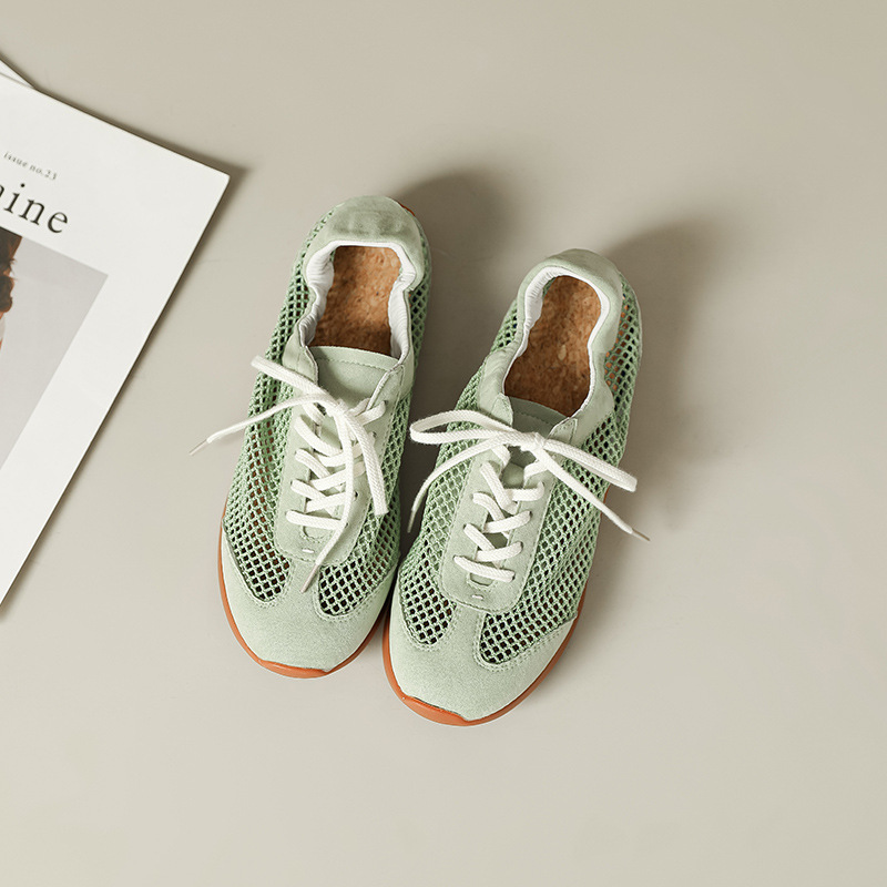 Flat Ballet Mesh Single Shoes Summer New Round Toe Spliced Front Lace-Up Lightweight Versatile Breathable Sneakers R250626