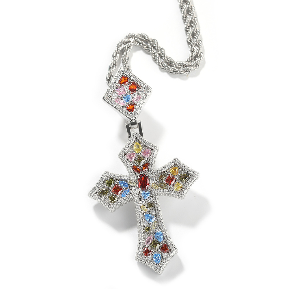 Hip Hop Rhombus Clasp Cross Pendant Necklace Colorful 5A T Zircons Women Mens Religious Jewelry