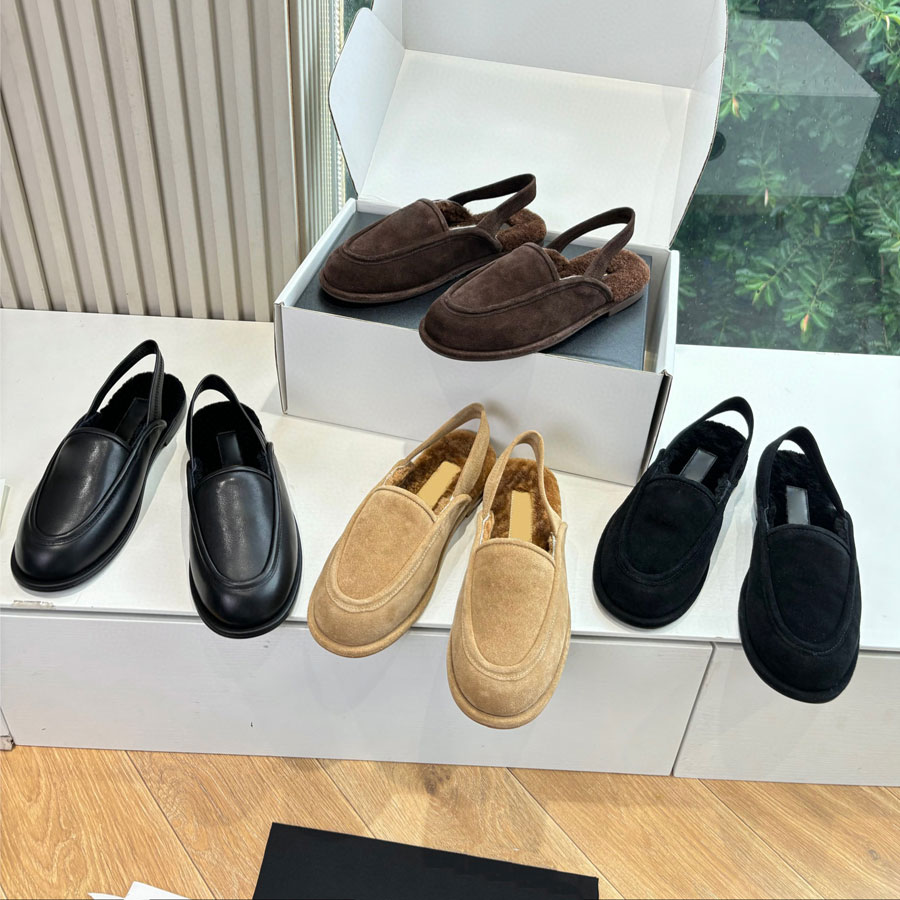 top quality Winter warm Outside suede fur loafers furry fluffy slingback Flat Sandals for womens Wool slip on shoes Luxury designer shoes vacation shoes Factory