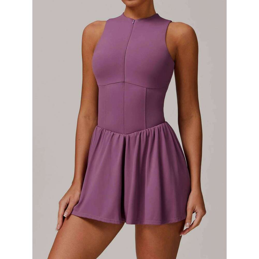 Women Front Zipper Tennis Dress Fake Two-piece Pieces Stand Up Collar Slim Fit Soft Sports Sets Fiess Pocket Skorts Yoga Suits