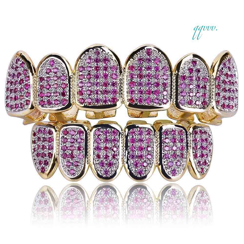 Purple Bling CZ Diamonds Paved Setting Punk Ice Bars Teeth Grillz Top Bottom Set Hip Hop Copper Alloy Zircon Perfect GiftOACOCA