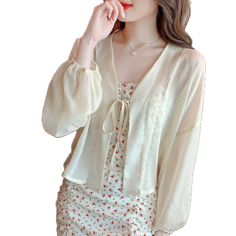 K1145 Chiffon sunscreen cardigan outerwear for women summer new style with suspender skirt small shawl blouse waistcoat short top