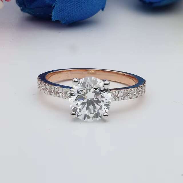 Elegant Lab Grown Diamond solitaire Engagement Ring 14k Rose Gold with Pave Band wedding and anniversary ring gift for her