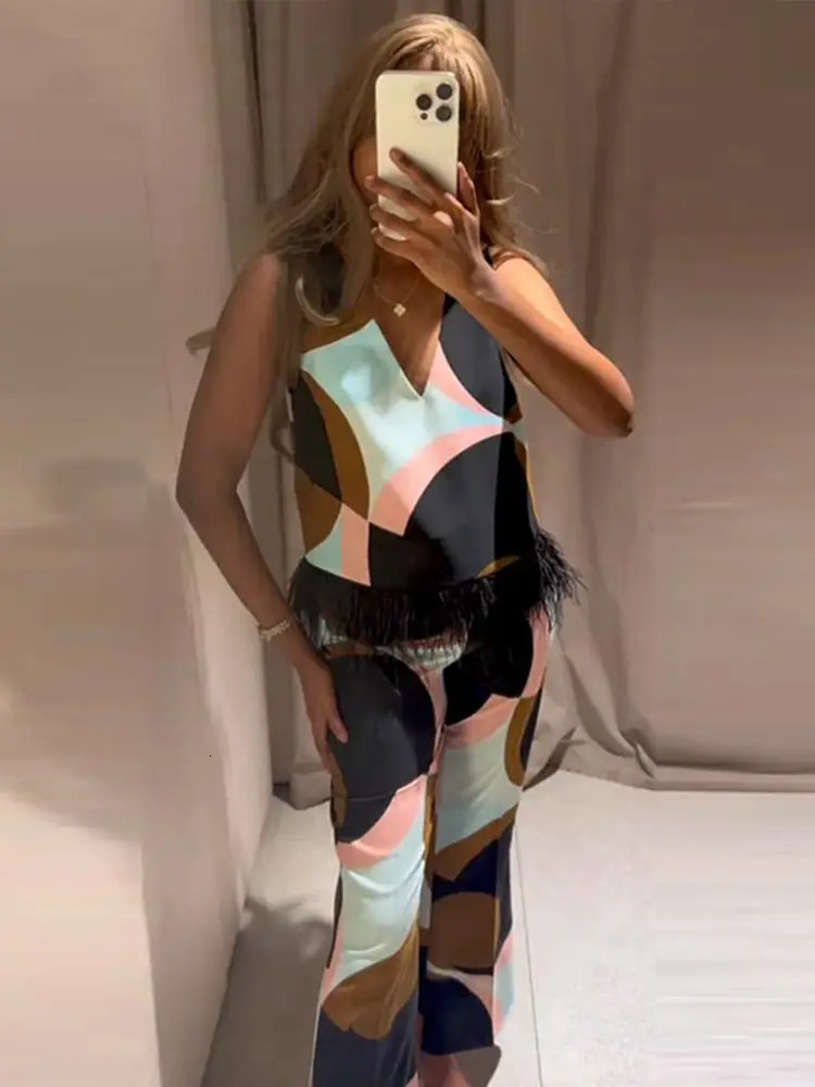 Geometric Print Leather Patchwork Top Pants Suits Women Sexy V-neck Sleeveless Tops High Waist Straight Trousers Chic Lady Sets 250625