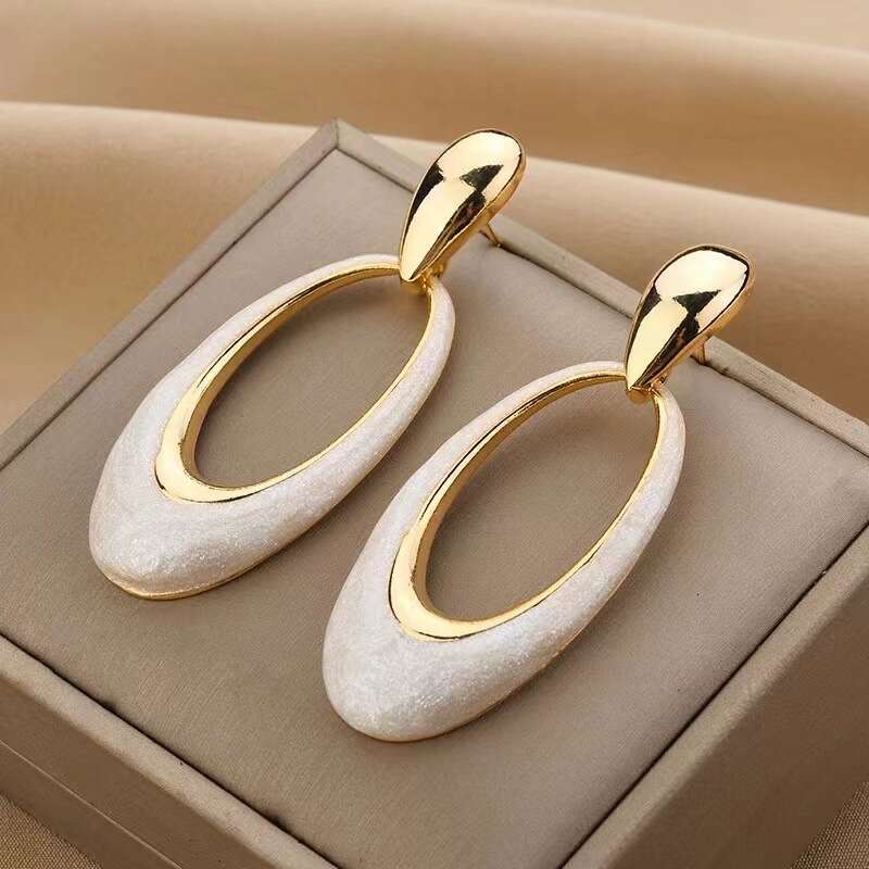 DHCollections Enamel Geometric Earrings - Oversized Hollow Pearl White Dangle Earrings with Shell Motif (2025 Minimalist Statement Jewelry)