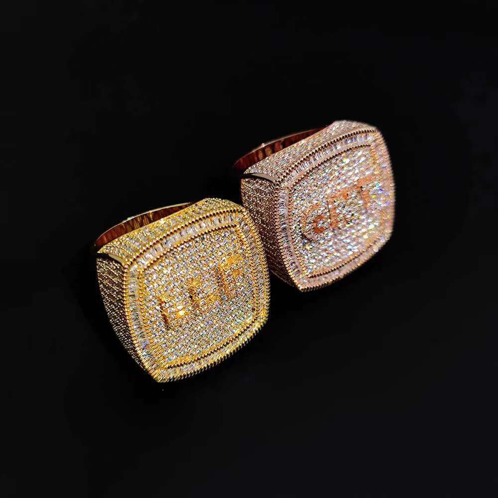 Trendy Hip Hop Custom Champion Ring Copper Set Zircon Moissanite Ring Hiphop Mens and Womens Ring