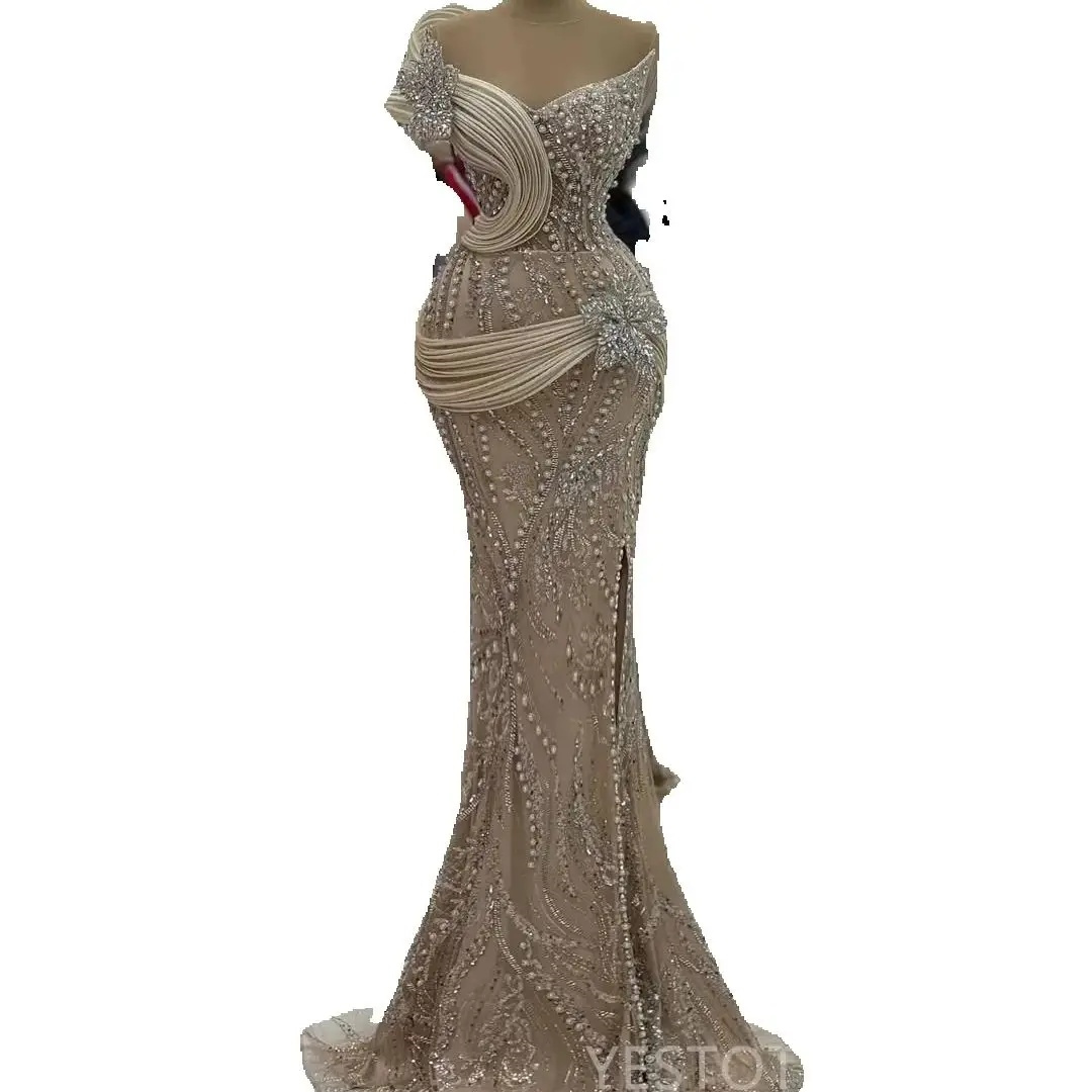Champagne Pearls Prom Dresses Sexy Beaded Crystal Applique Evening Dress Sequined Lace Floor Length Party Gown Customized