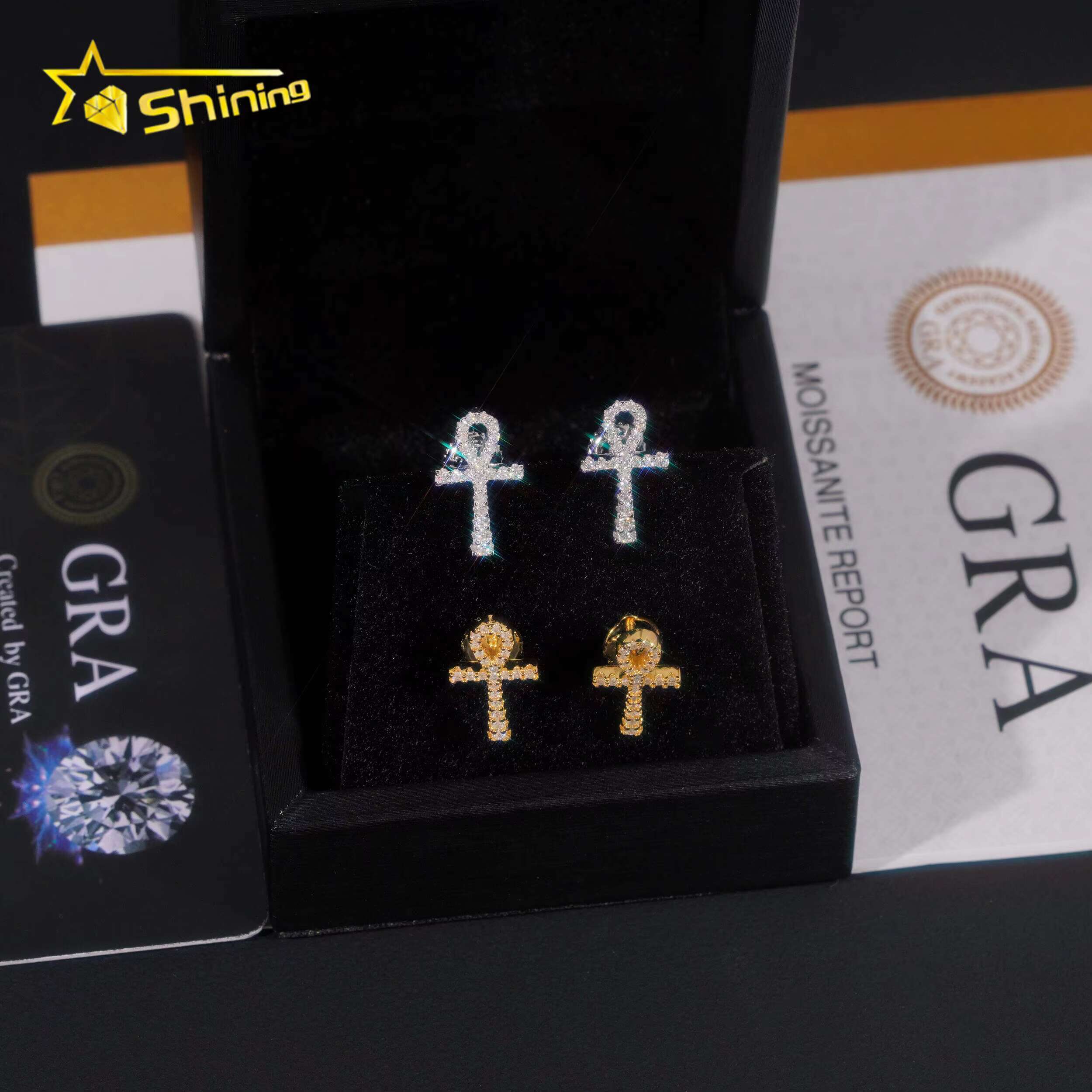 Ready to Ship Hip Hop Jewelry 925 Sterling Silver Gold Plated Iced Out Moissanite Men Cross Stud Earrings With GRA