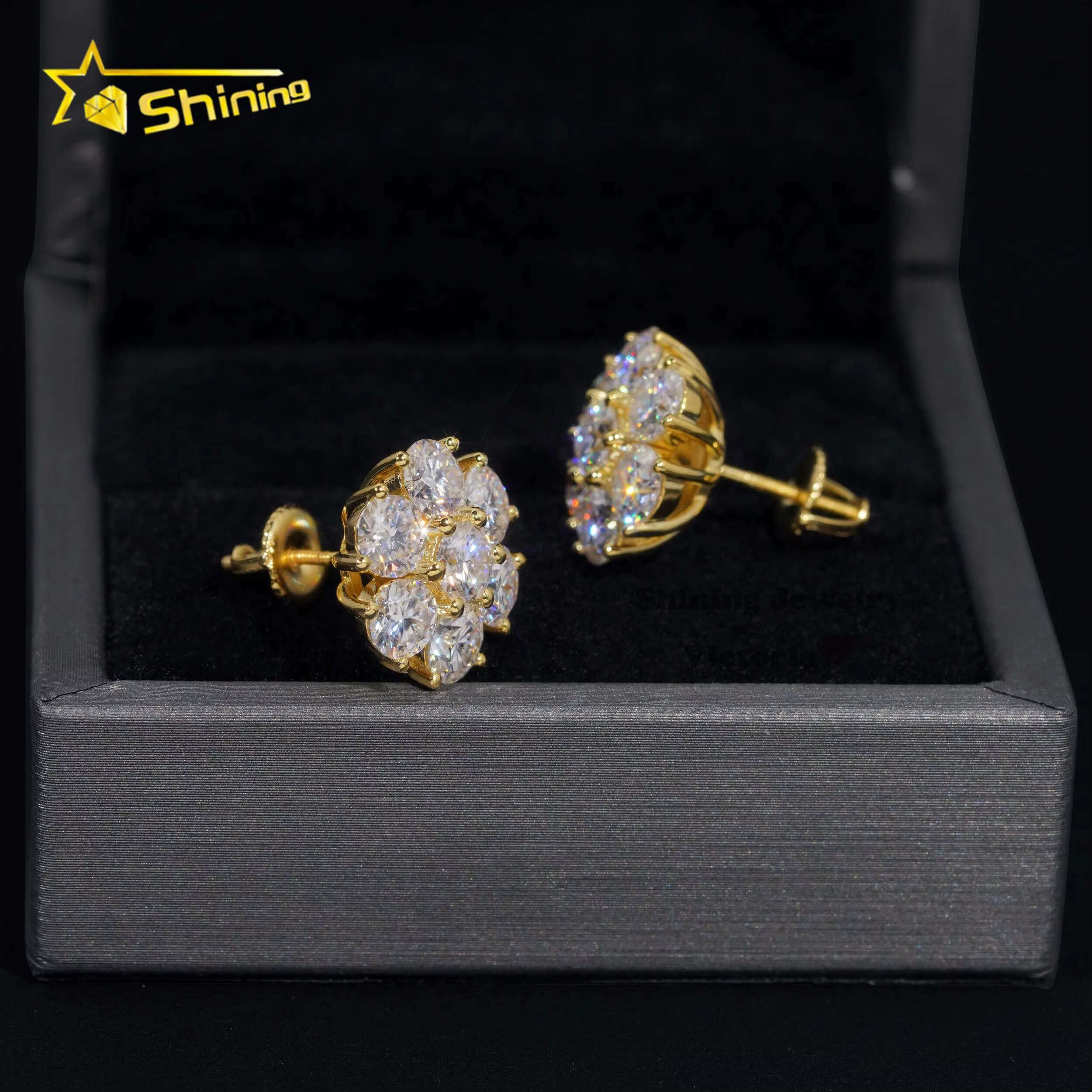 Wholesale Price Hip Hop Jewelry 15MM Flower Earrings VVS Moissanite Diamond 925 Sterling Silver Gold Plated Men Stud Earrings