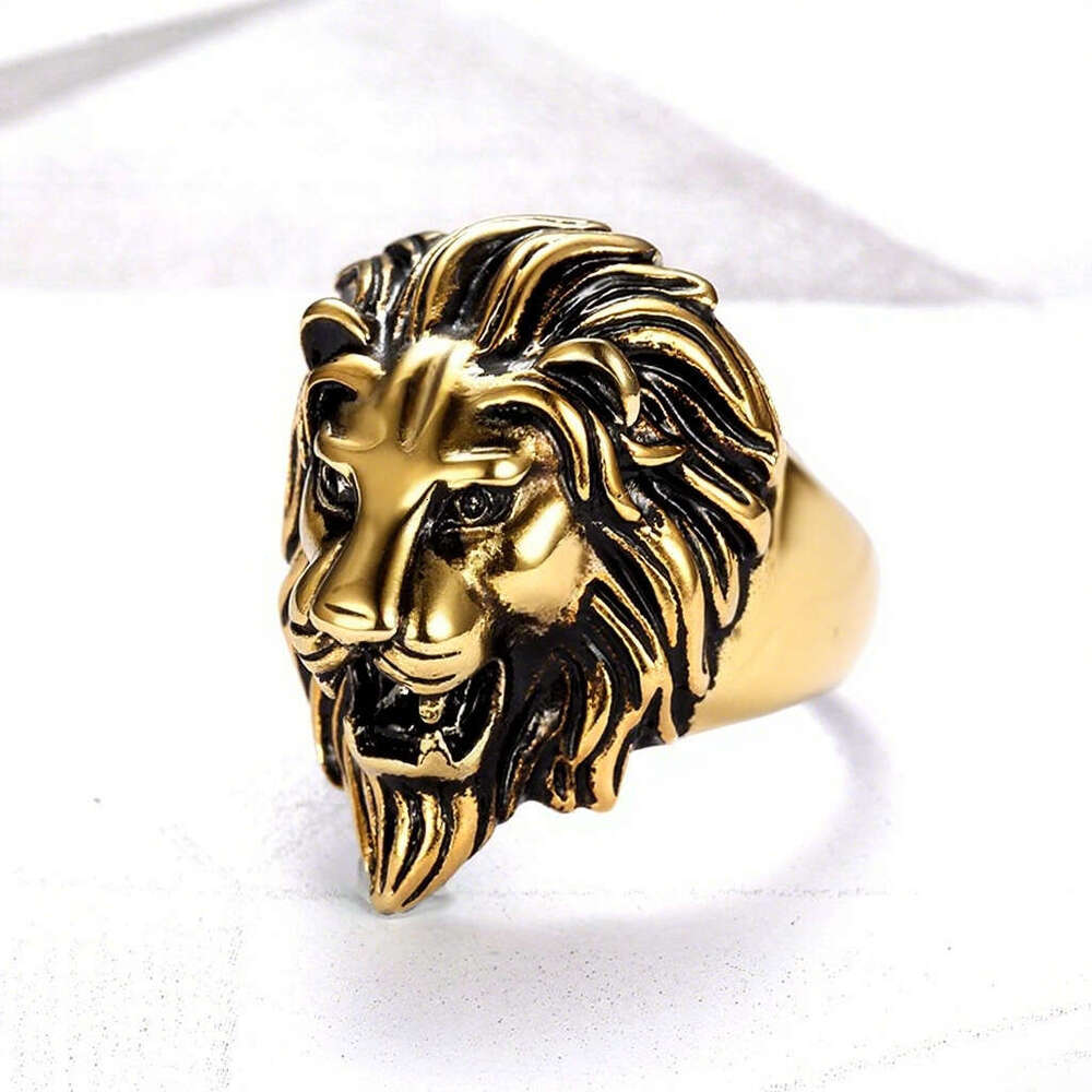 Unique Titanium Steel Gold Men's Bold Hip Hop Style Lion Head Ring