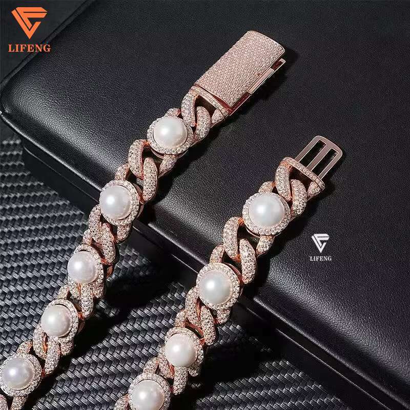 Lifeng 18K Rose Gold Plated 925 Silver Necklace Iced Diamond Moissanite New Design 15mm Pearl Bubble Cuban Link Chains for Gift