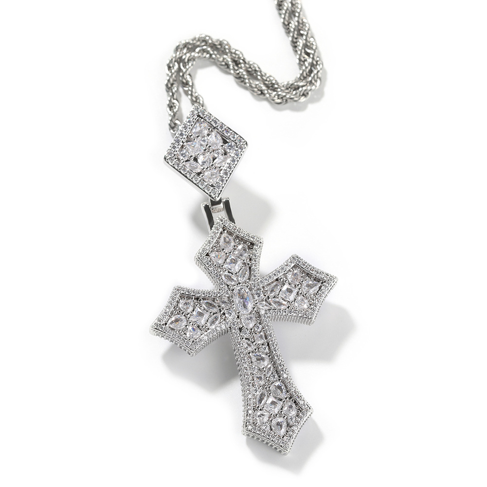Hip Hop Rhombus Clasp Cross Pendant Necklace Colorful 5A T Zircons Women Mens Religious Jewelry