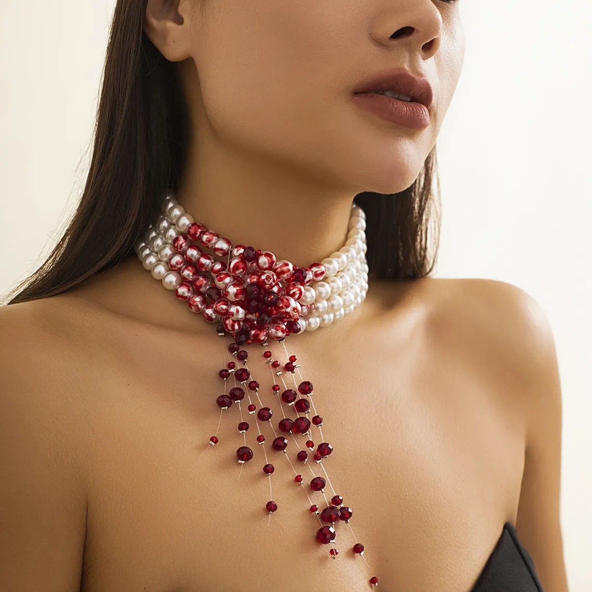 Elegant Multi-Layered Imitation Pearl and Crystal Tassel Choker Necklace for Women - Unique Red Bead Accent Design