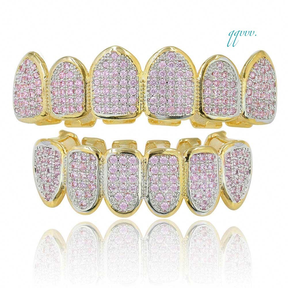 Luxury Pink Zirconia Crowns Dental Grills 18K Gold Plated Brass Teeth Grillz for Wedding or PartyOACOCA
