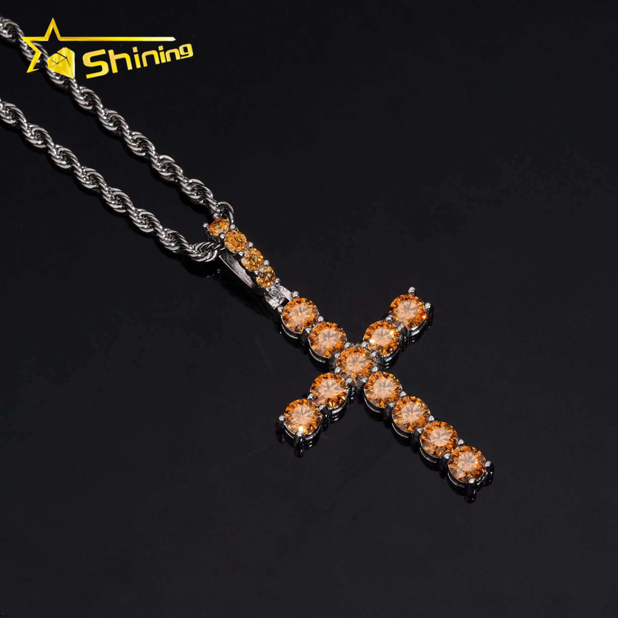 Pass Diamond Tester Customized Round Cut Iced Out Cross Hip Hop Pendant 925 Silver Moissanite Cross Pendant Necklace