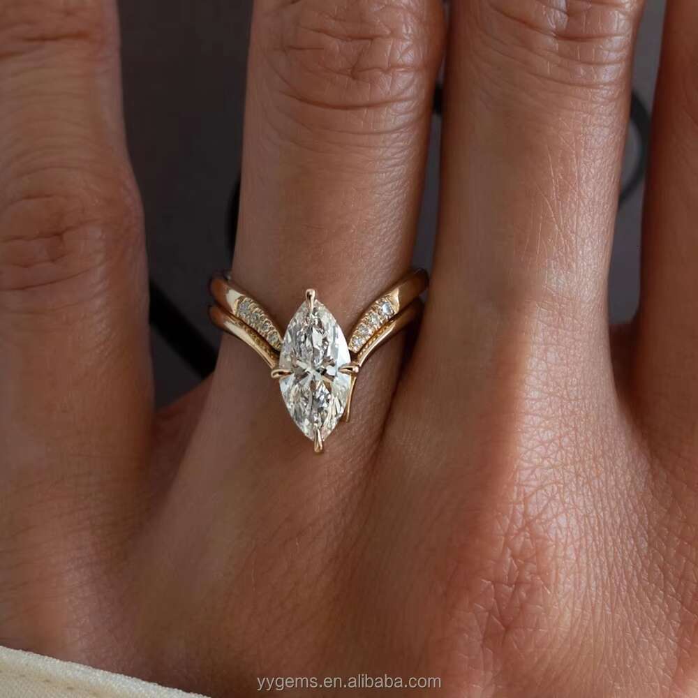 Customized Grande 2CT Moissanite Marquise Eve Prong Set with Pave Eve Band Set Jewelry Women 18K Solid Gold Rings