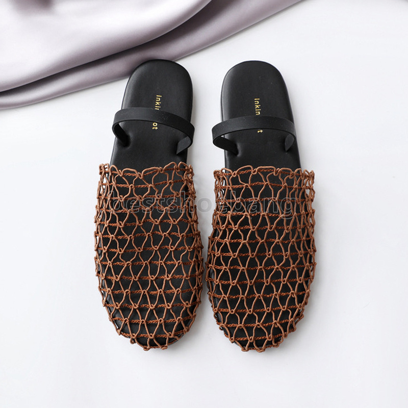 designer sandals flats heels weave mesh womens sandal hollow out slides mules non-slip slippers fashion summer sandale elegant fishnet shoes