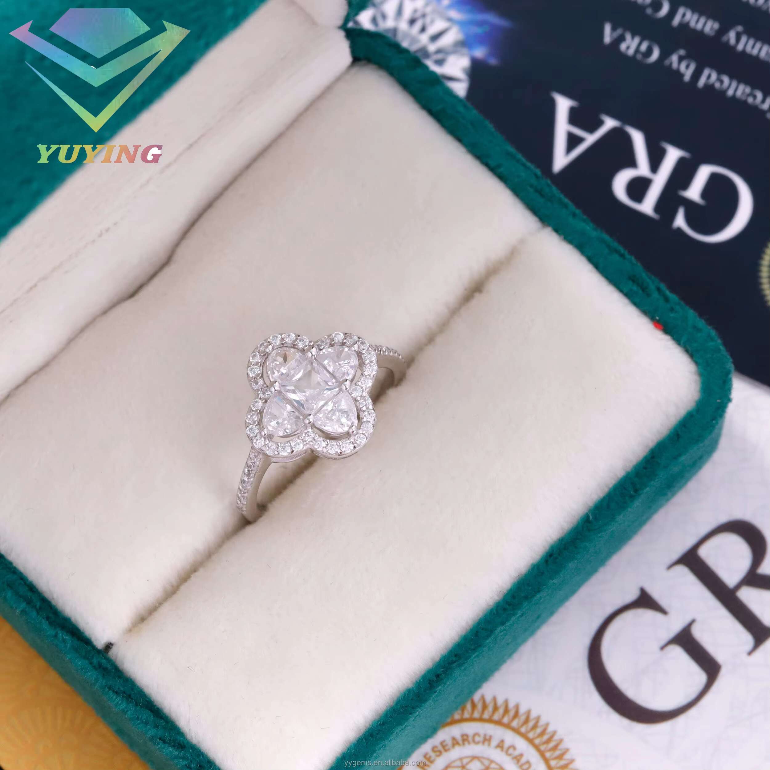 New Fashion 925 Solid Silver Gold Plated Moissanite Ring Four Leaf Clover Ring VVS Moissanite Engagement Ring for Women