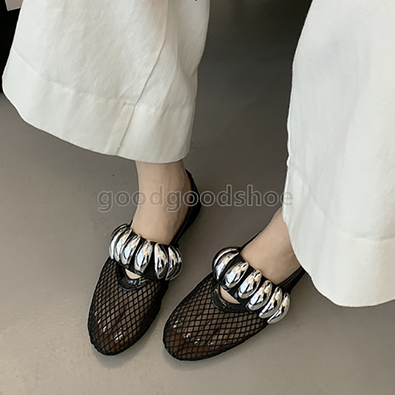 2025 loafers womens ballet flats heels mary jane shoes summer breathable hollow out mesh elegant ballerina luxury designer metal buckle dress shoes